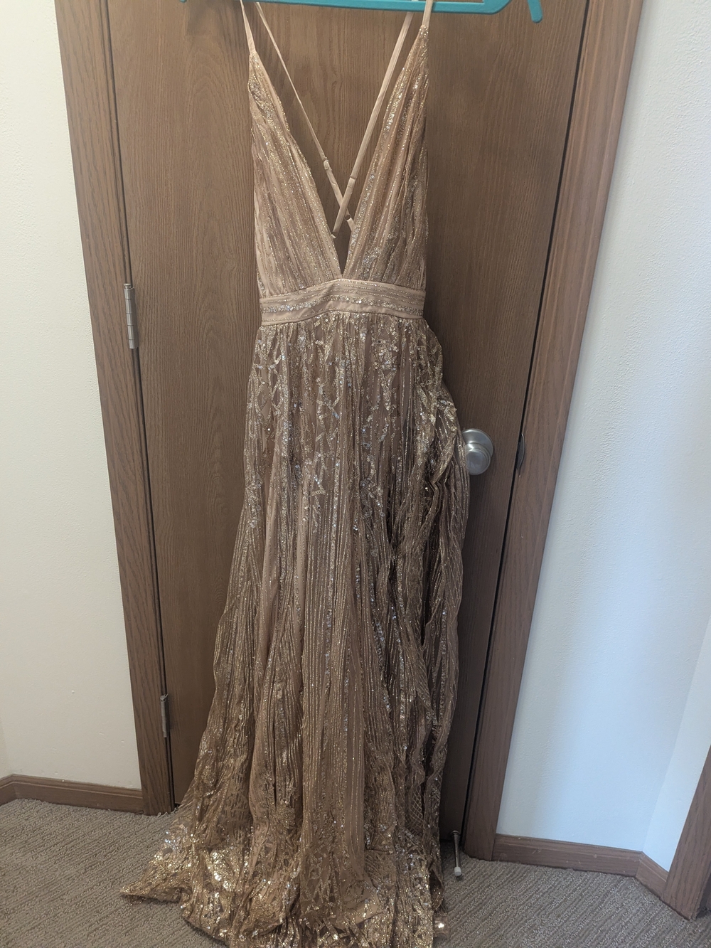 Luxxel Champagne Gold Sequin Plunge V-Neck Prom Gown